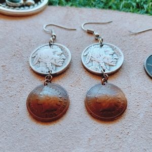 Handmade VINTAGE Domed Indian Penny with Buffalo Nickel Silver Cascade Earrings